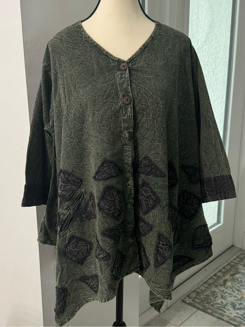 Girls' Green Button-Front Top with Black Patch Detail